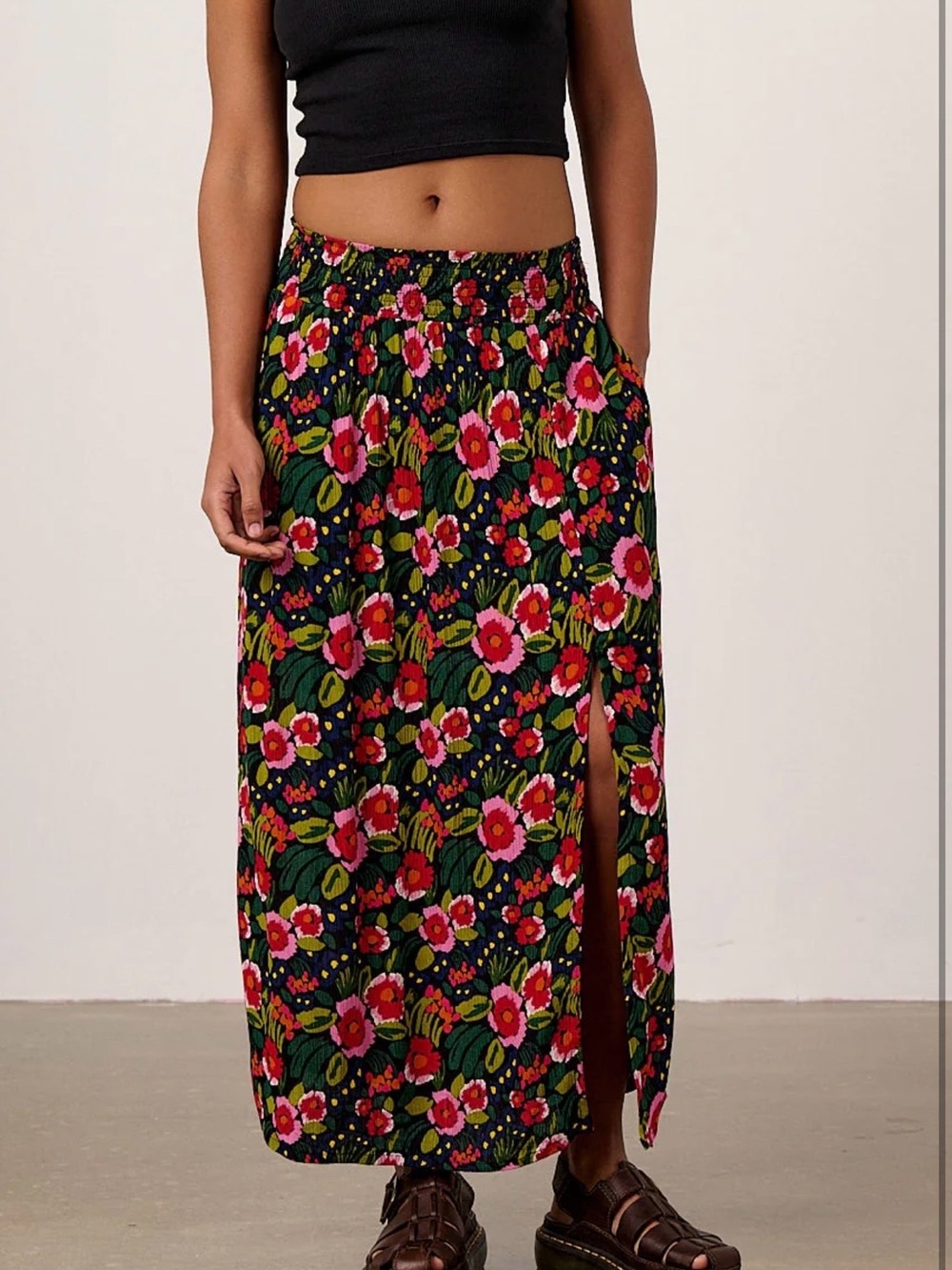 Lucy & Yak Black Floral Maxi Skirt with Side Slit